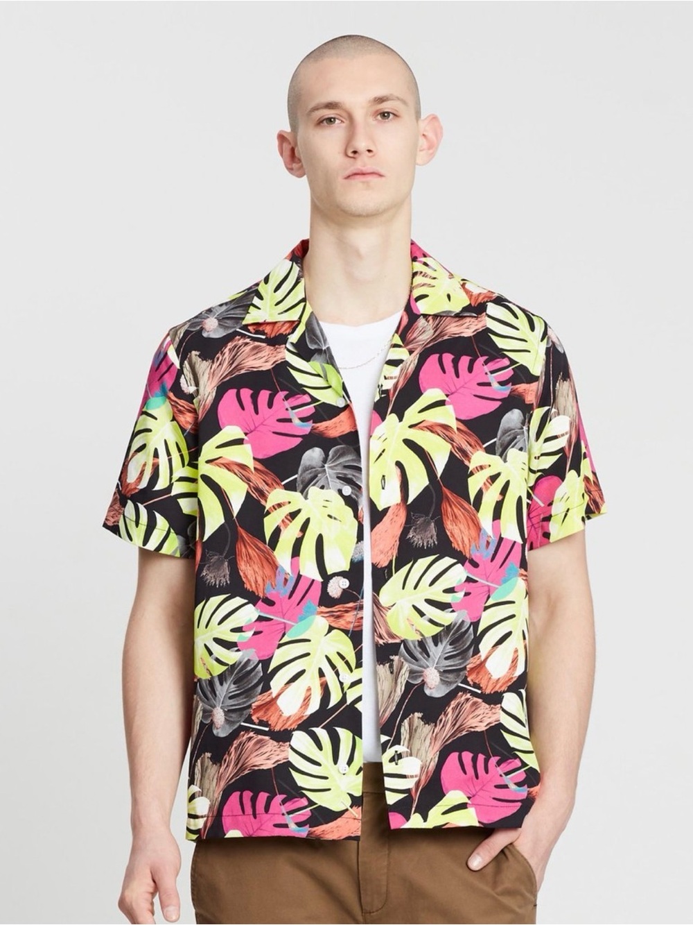 Saturdays NYC Men’s Camp Hyper Monstera Short Sleeve Shirt Size Small Neon Pink